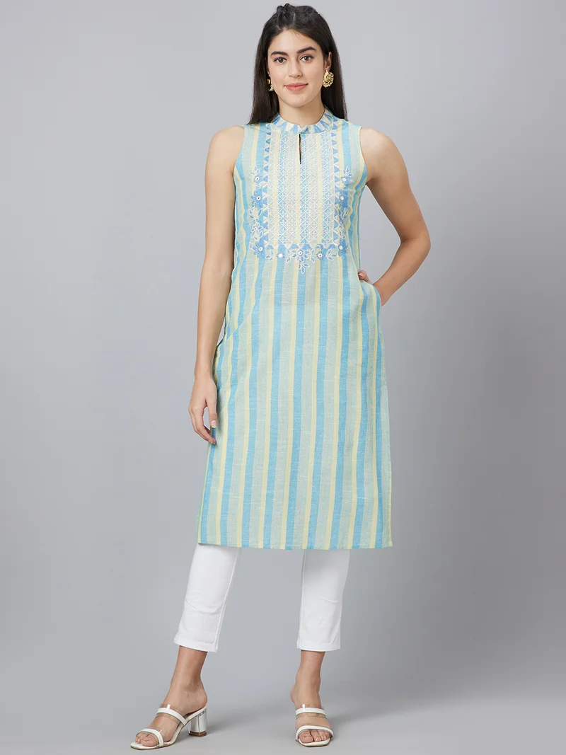 globus Women Band Collar Striped Thread Work Straight Cotton Kurta