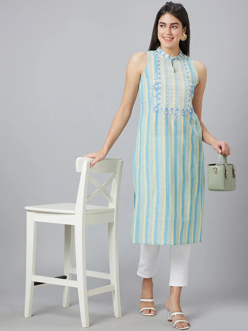globus Women Band Collar Striped Thread Work Straight Cotton Kurta