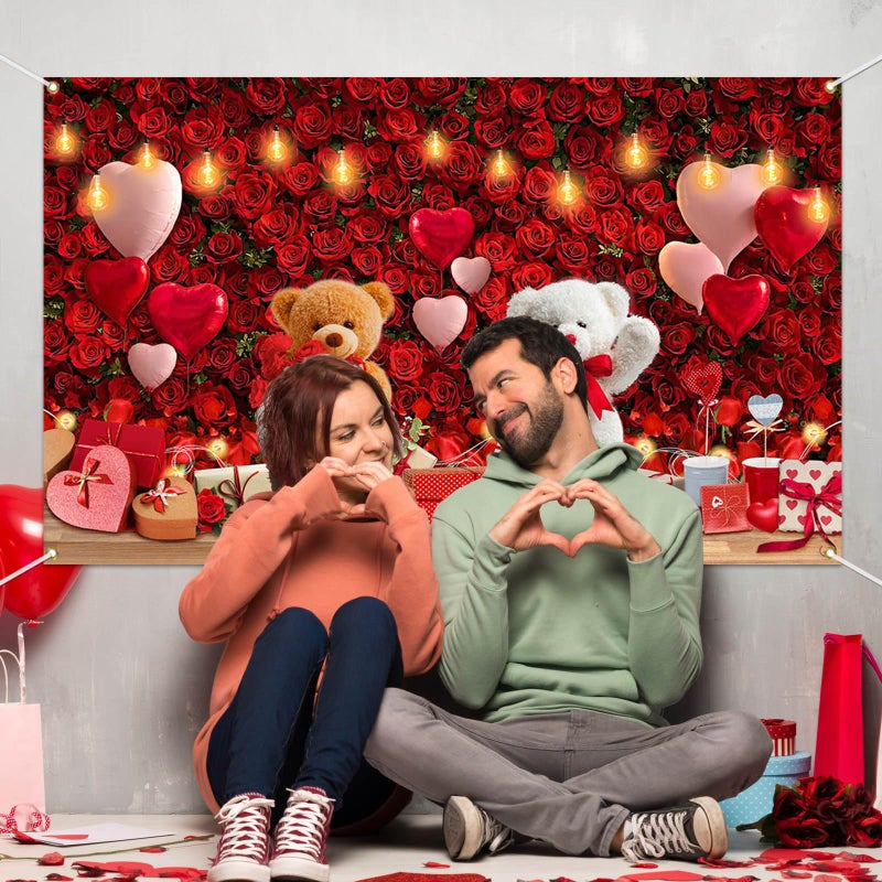 Mocsicka Happy Valentine's Day Backdrop Red Roses Large Happy Valentines Day Party Decorations for Couples Romantic Photography Background Party Supplies (Red, 70.8x43.3 inch) - Image 3