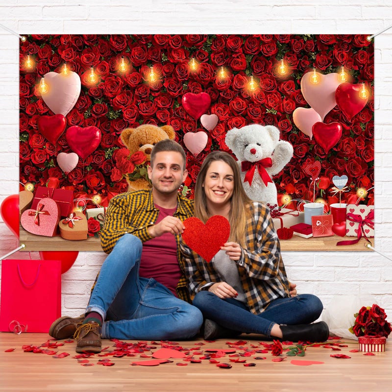 Mocsicka Happy Valentine's Day Backdrop Red Roses Large Happy Valentines Day Party Decorations for Couples Romantic Photography Background Party Supplies (Red, 70.8x43.3 inch) - Image 2
