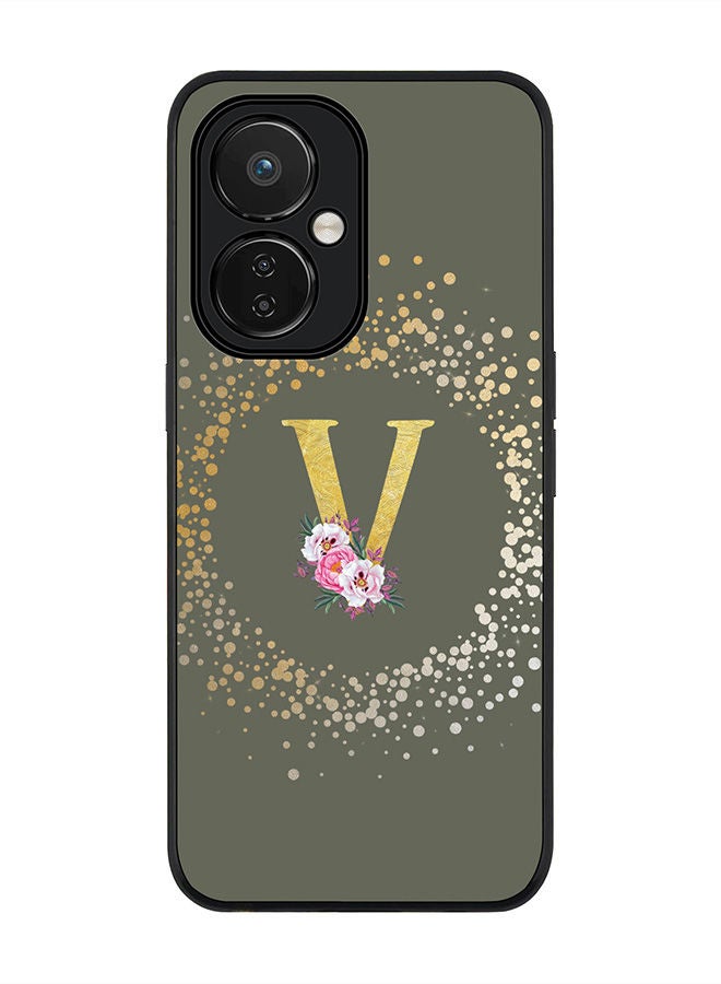 Stylizedd Rugged Black edge case for Nord CE 3 Lite Slim fit Soft Case Flexible Rubber Edges Anti Drop TPU Gel Thin Cover - Custom Monogram Initial Letter Floral Pattern Alphabet - V - Olive Green - Image 1
