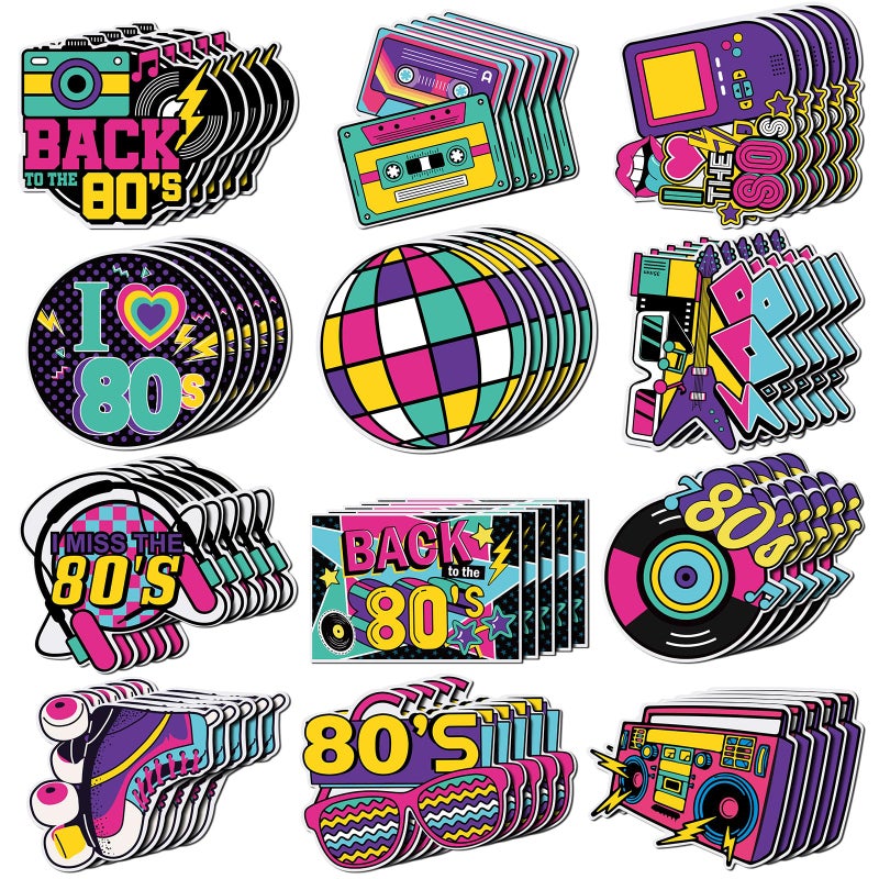 Seajan 60 Pcs Back to The 80s Party Decoration Retro 1980s Hip Hop Cutouts Radio Roller Skating Cassette Tape Cutouts Throwback Birthday Party Neon Rock Hippie Supplies - Image 1