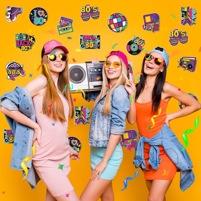 Seajan 60 Pcs Back to The 80s Party Decoration Retro 1980s Hip Hop Cutouts Radio Roller Skating Cassette Tape Cutouts Throwback Birthday Party Neon Rock Hippie Supplies - Image 3