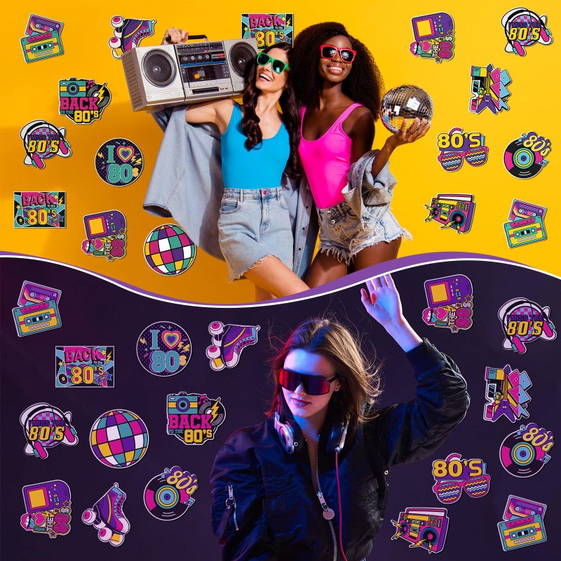 Seajan 60 Pcs Back to The 80s Party Decoration Retro 1980s Hip Hop Cutouts Radio Roller Skating Cassette Tape Cutouts Throwback Birthday Party Neon Rock Hippie Supplies - Image 5