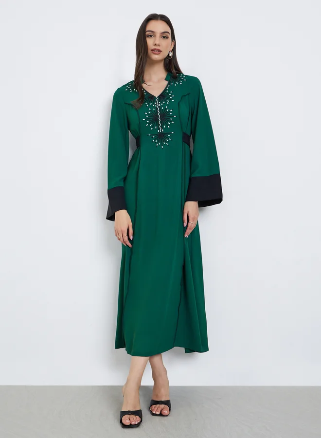 Take Two Take Two Green Embroidery Back Tie A-Line Maxi Dress