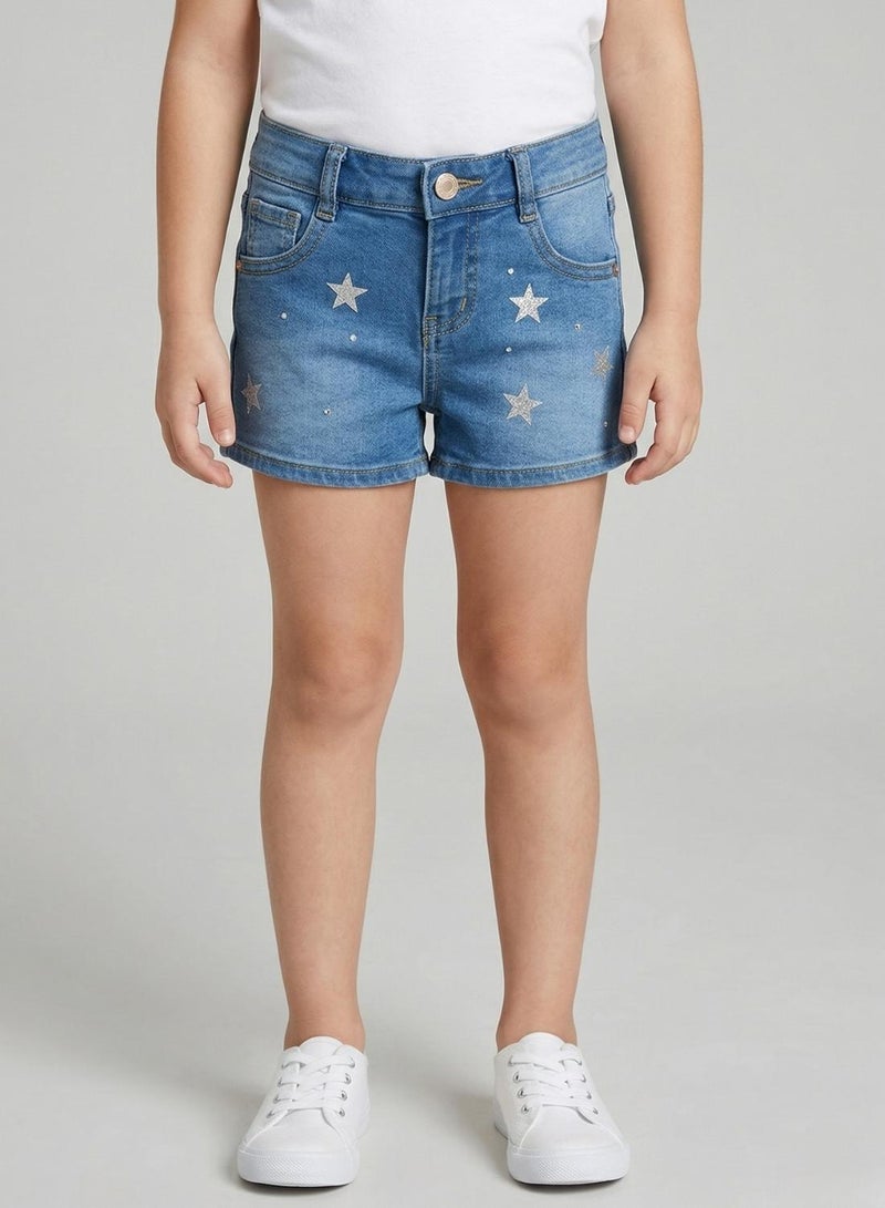 babyqlo Girls Star Print Adjustable Waist Denim Shorts - Image 1