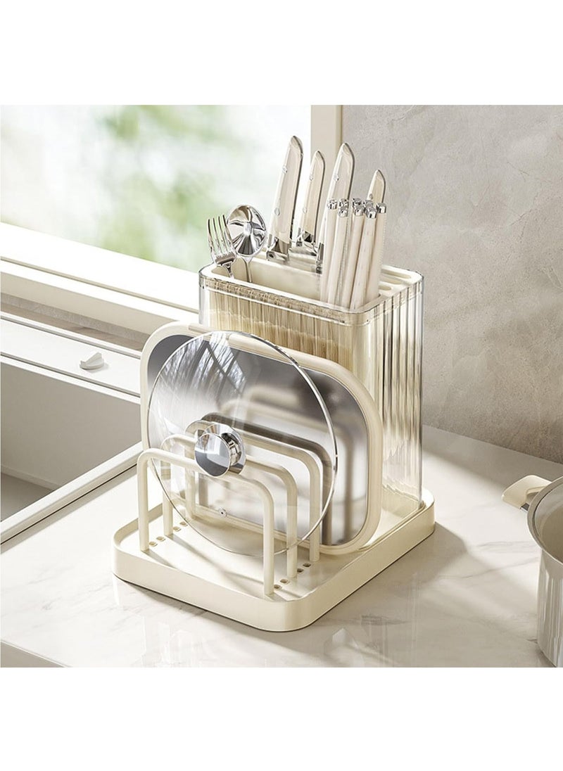 Hihonor Knife Holders, Cutting Board Organizer Holders, Cutting Board Stand For Countertop, Knife Holders With Draining Tray, Rack Knife Integrated Storage, Cookware Storage (White)  - Image 1