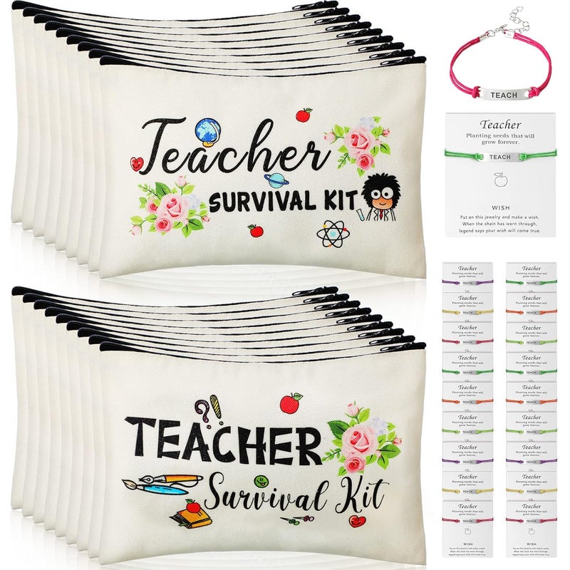 Frienda Frienda 36 Pieces Teacher Appreciation Present Set 18 Survival Kit Makeup Pouch Bag Pencil Bag 18 Teacher Blessing Card Bracelet Cosmetic Bag Kit for Teachers Day Elegant Style 91 x 59 Inch  - Image 1