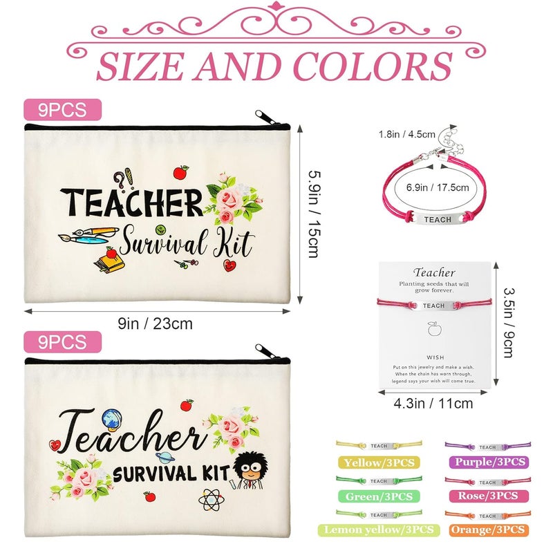 Frienda Frienda 36 Pieces Teacher Appreciation Present Set 18 Survival Kit Makeup Pouch Bag Pencil Bag 18 Teacher Blessing Card Bracelet Cosmetic Bag Kit for Teachers Day Elegant Style 91 x 59 Inch  - Image 4