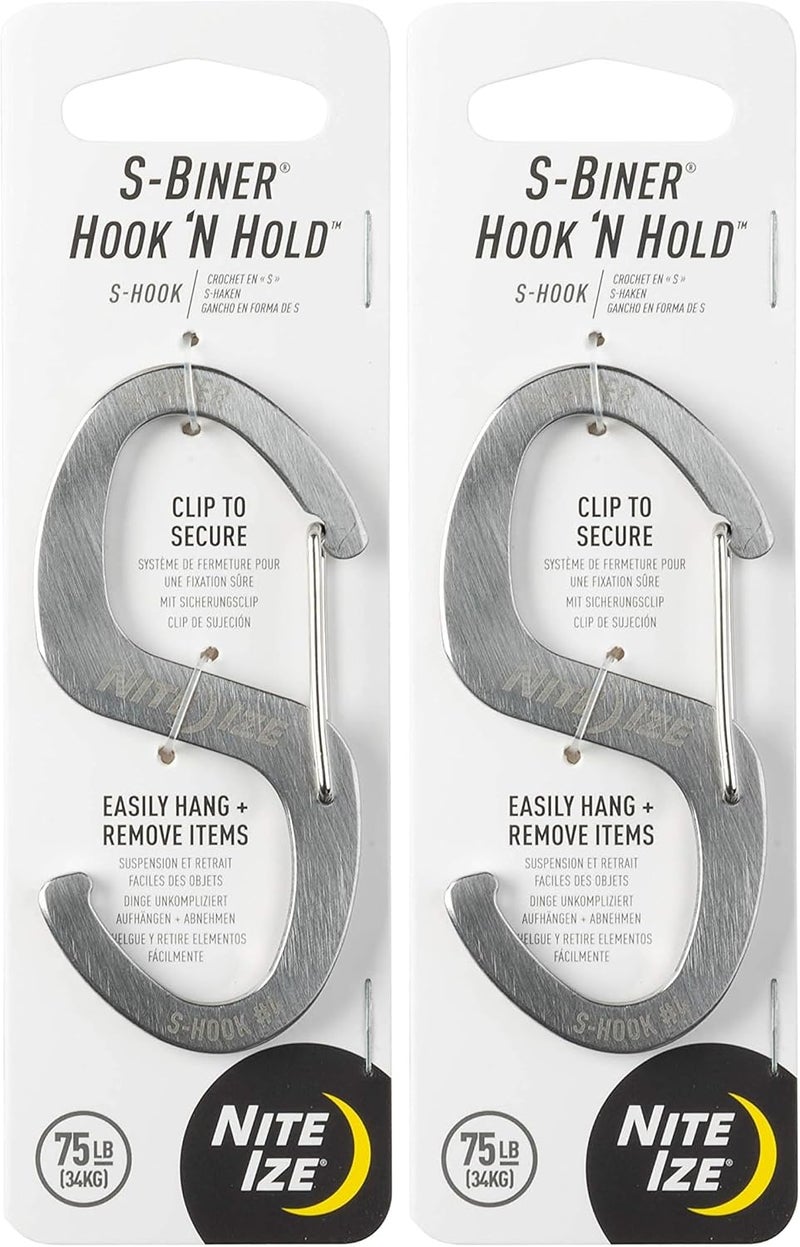 NiteIze S-Biner Hook 'N Hold S-Hook, Stainless Steel S-Hook with Clip, Holds Pans, Tools and Plants, Stainless (Pack of 2) - Image 1
