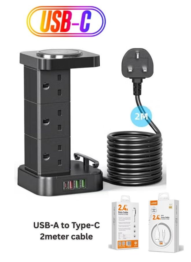 LDNIO سلك تمديد طاقة 3 في 1 مع شاحن لاسلكي وصندوق إدارة الكابلات مع قفل 4 منافذ USB (30 وات 1 * PD 18 وات 1 * QC3.0، 2 * USB-A) و 6 منافذ مقبس طاقة 2500 وات للمنزل والمكتب والمزيد  - Image 1