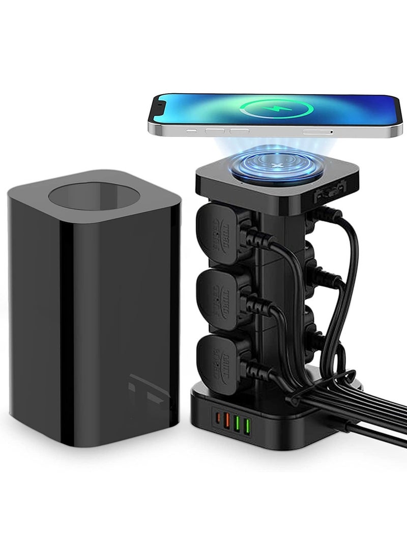 LDNIO سلك تمديد طاقة 3 في 1 مع شاحن لاسلكي وصندوق إدارة الكابلات مع قفل 4 منافذ USB (30 وات 1 * PD 18 وات 1 * QC3.0، 2 * USB-A) و 6 منافذ مقبس طاقة 2500 وات للمنزل والمكتب والمزيد  - Image 3