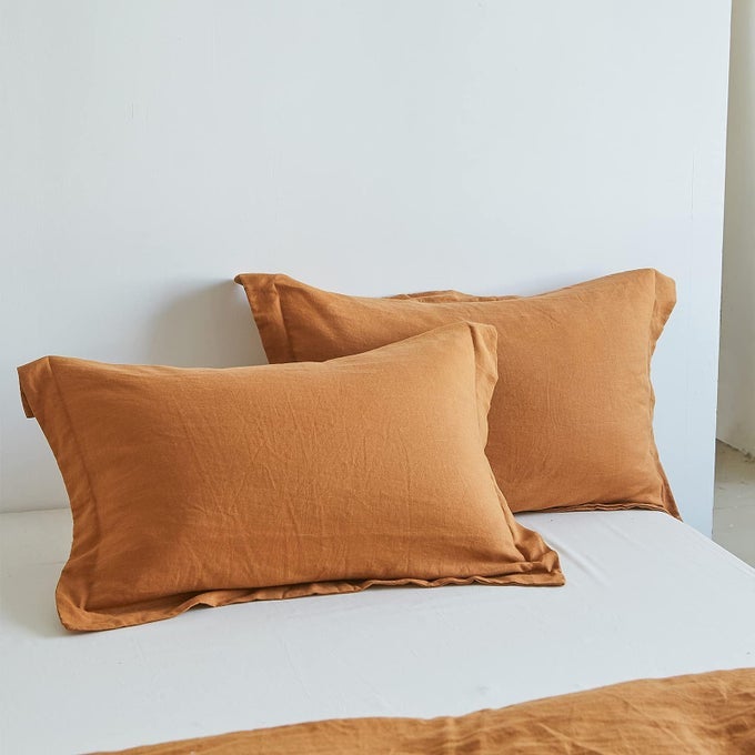 100 FRENCH LINEN PILLOW SHAMS BASIC STYLE PACK OF 2 WASHED SOLID COLOR NATURAL FLAX SOFT BREATHABLE RUST 20 X 36