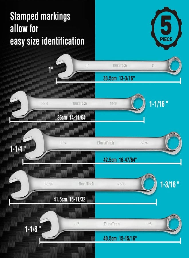 DURATECH Long Pattern Combination Wrench Set, SAE, 5-Piece, 1" to 1-1/4", 12 Point, CR-V Steel, with Rolling Pouch - Image 2