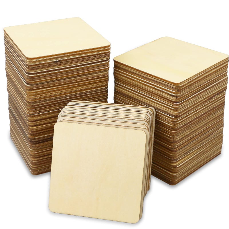 TKOnline 100Pcs Unfinished Wood Pieces 3 x 3 Inch Blank Natural Wood Square Wooden Slices Wooden Board for DIY Crafts Painting Coasters Scrabble Tiles Decoration