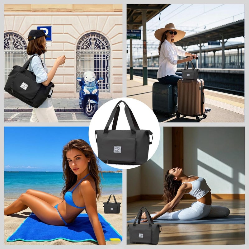 RichMoro Large Capacity Foldable Travel Bag, Expandable lightweight Carry on Bag, Dry with Wet Separation Spor Duffel Bags (Black) - Image 2