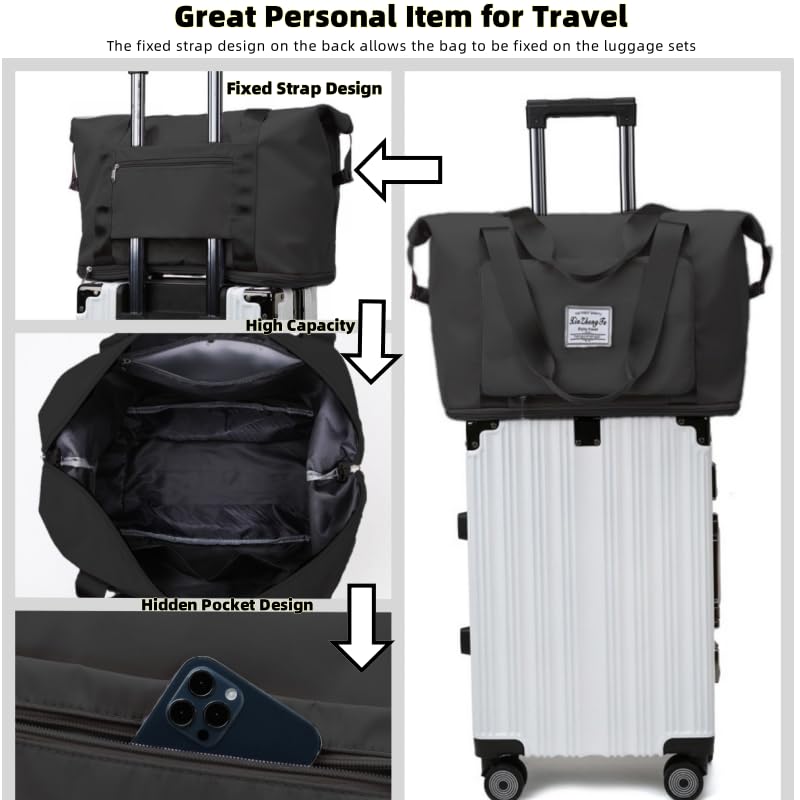 RichMoro Large Capacity Foldable Travel Bag, Expandable lightweight Carry on Bag, Dry with Wet Separation Spor Duffel Bags (Black) - Image 4