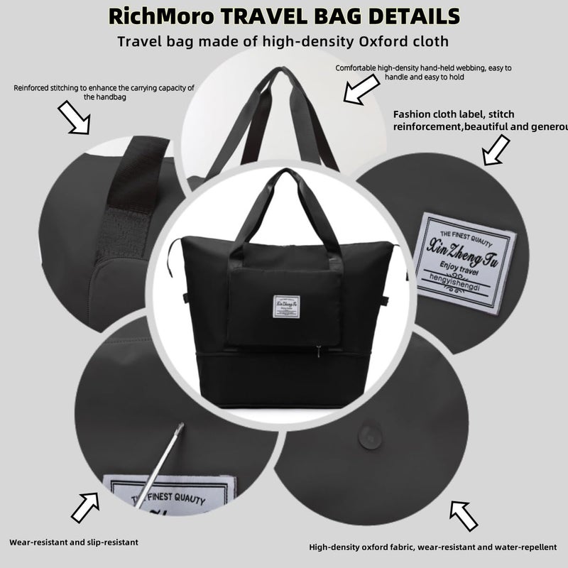 RichMoro Large Capacity Foldable Travel Bag, Expandable lightweight Carry on Bag, Dry with Wet Separation Spor Duffel Bags (Black) - Image 5
