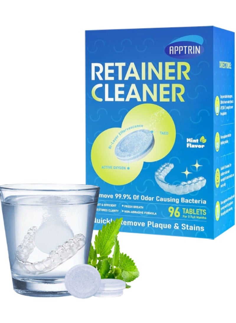 APPTRIN 96 Pcs Retainer Cleaner Mouth Guard Retainer Cleaner Tablets Mint Flavor and Fresh Remove Oduor for Dental Appliances Fast and Efficient Remove Stains Denture Cleaning Tablets  - Image 1
