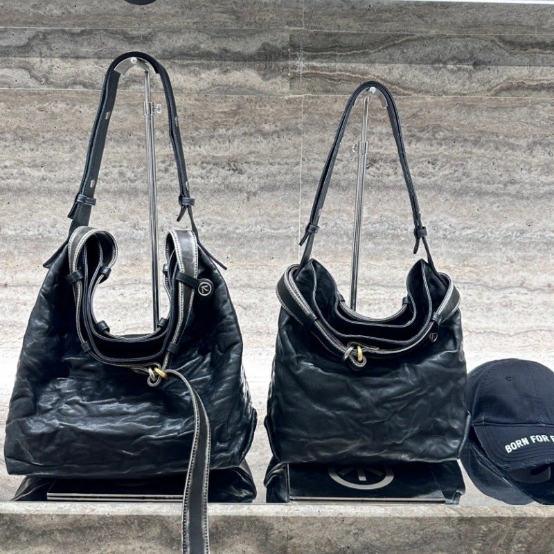 Grotto'S New Pleated Wandering Mother Tote Bag Is Versatile, Simple And Casual, Genuine Leather Cross-Body Shoulder Soft Bag - Image 3