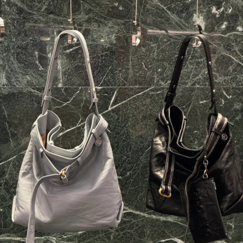 Grotto'S New Pleated Wandering Mother Tote Bag Is Versatile, Simple And Casual, Genuine Leather Cross-Body Shoulder Soft Bag - Image 2