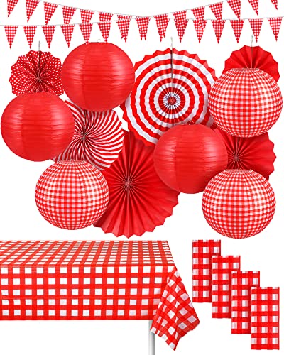Hortsun 18 Pcs Picnic Party Decorations Red Gingham Party Supplies Include Checkered Pennant Banner Hanging Paper Fans Lanterns Plastic Tablecloth for BBQ Birthday Dinner Wedding Baby Shower - Image 1