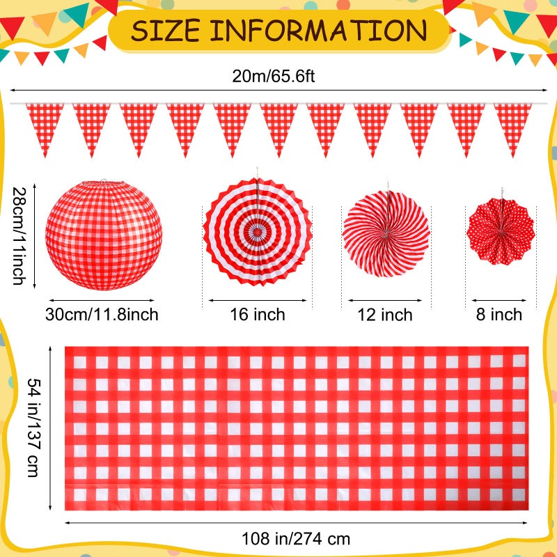 Hortsun 18 Pcs Picnic Party Decorations Red Gingham Party Supplies Include Checkered Pennant Banner Hanging Paper Fans Lanterns Plastic Tablecloth for BBQ Birthday Dinner Wedding Baby Shower - Image 3