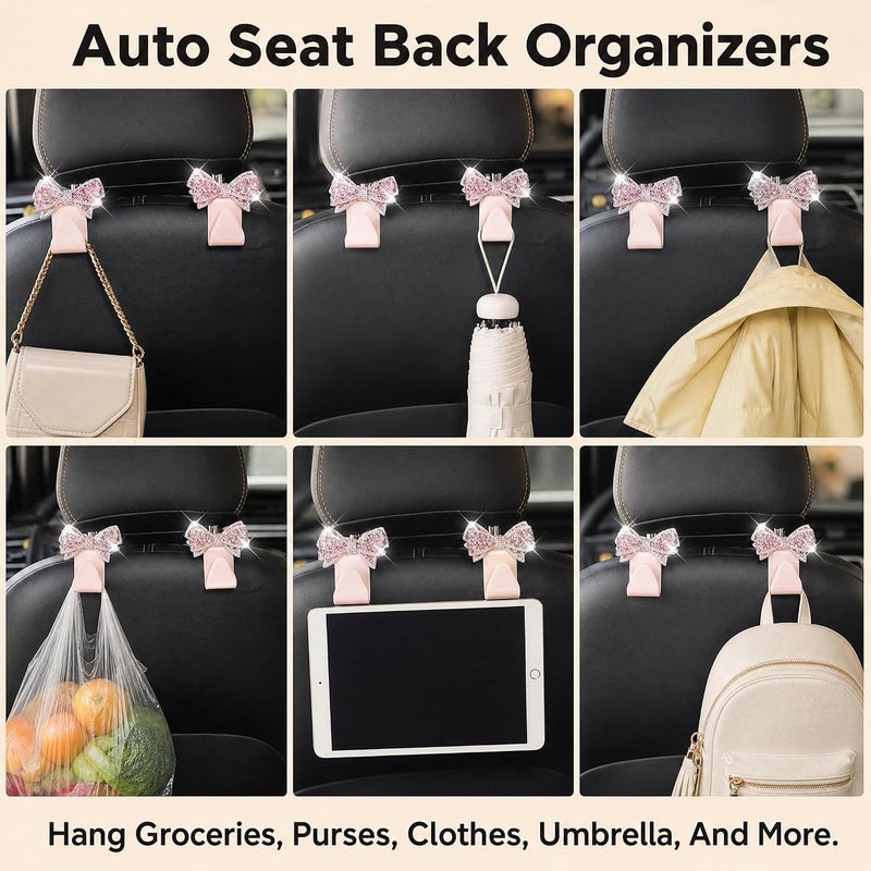 أمازلير خطاف حقيبة بتصميم رباط لامع من Amazleer للاستخدام في السيارة، خطافات جميلة لرؤوس المقاعد، إكسسوارات لتزيين الديكور الداخلي للسيارات، متوافقة مع معظم السيارات والشاحنات والسيارات الدفع الرباعي (لون وردي)، 2 قطعة. - Image 4