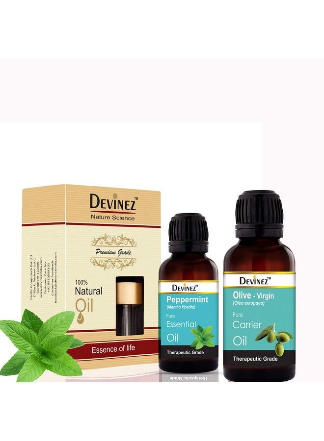 Devinez (Combo) Peppermint Essential Oil 15Ml With 50Ml Olive Carrier Oil & Glass Dropper 100% Pure Natural & Undiluted For Cold Congestion Hair Skin Face Pain & Aromatherapy - Image 2