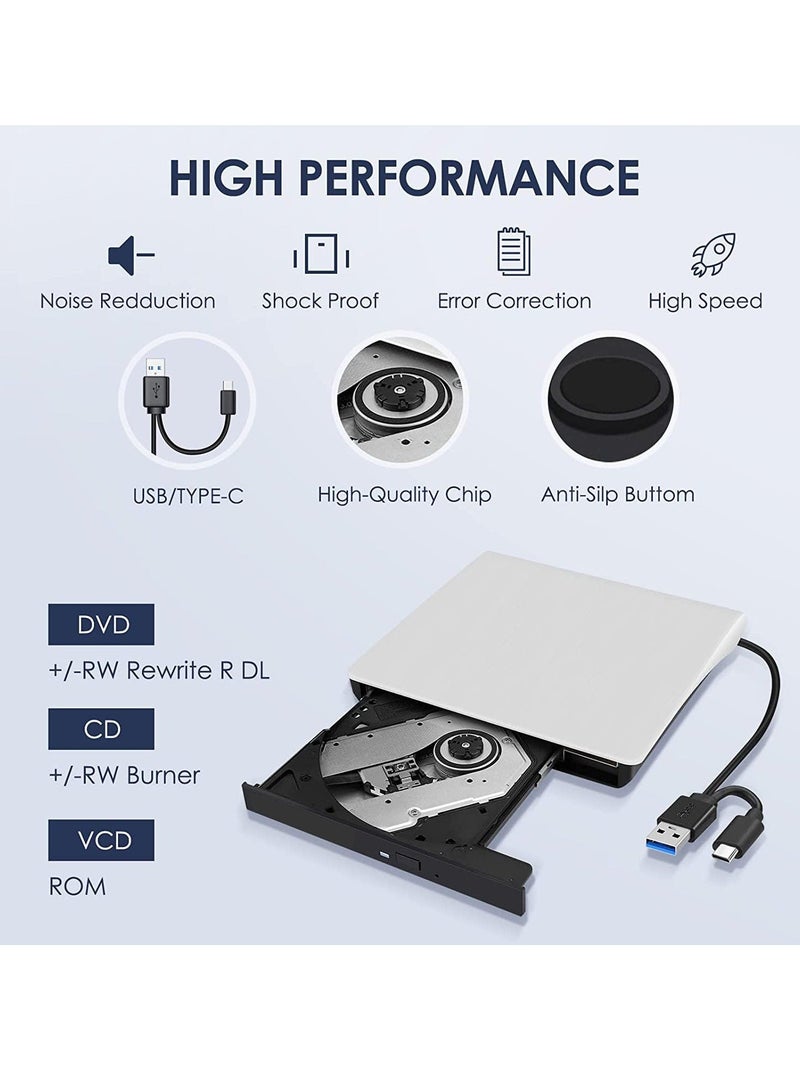 محرك أقراص مضغوطة/DVD خارجي للكمبيوتر المحمول، مشغل أقراص مضغوطة/DVD محمول بمنفذ USB 3.0 من النوع C، وناسخ وكاتب وقارئ متوافق مع أجهزة Mac MacBook Pro/Air iMac Desktop Windows 7/8/10/XP/Vista - Image 4