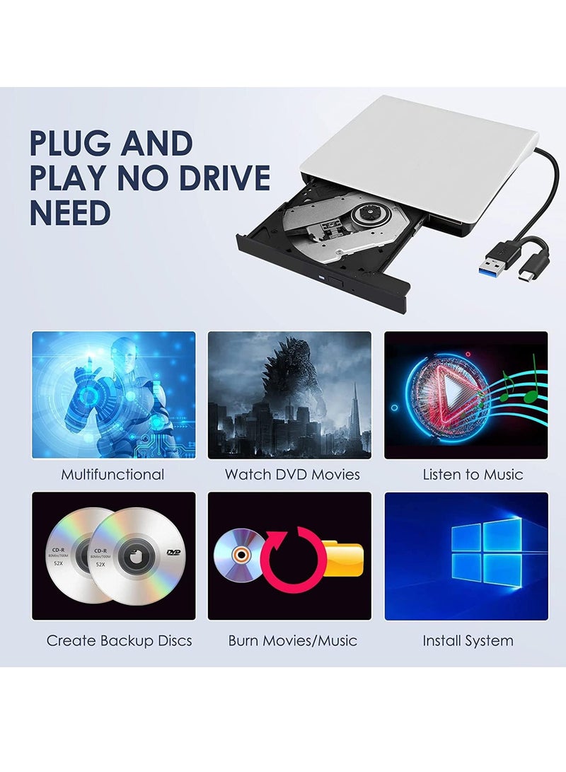 محرك أقراص مضغوطة/DVD خارجي للكمبيوتر المحمول، مشغل أقراص مضغوطة/DVD محمول بمنفذ USB 3.0 من النوع C، وناسخ وكاتب وقارئ متوافق مع أجهزة Mac MacBook Pro/Air iMac Desktop Windows 7/8/10/XP/Vista - Image 2