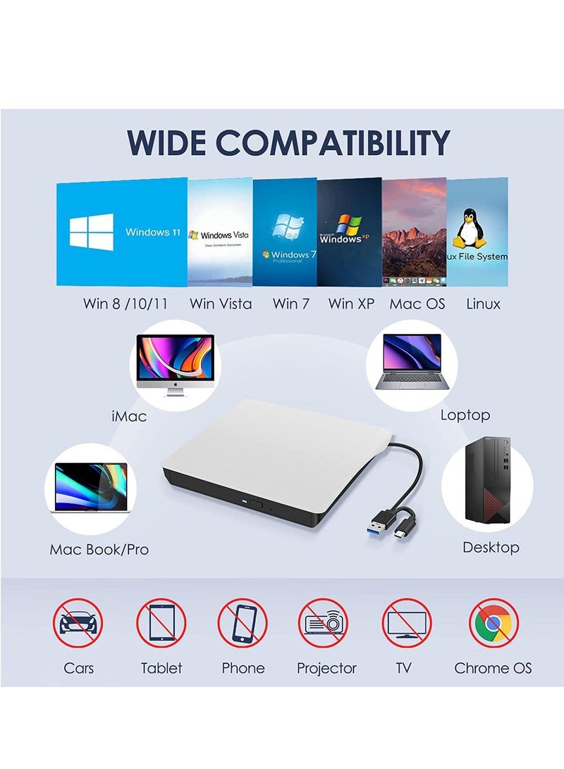 محرك أقراص مضغوطة/DVD خارجي للكمبيوتر المحمول، مشغل أقراص مضغوطة/DVD محمول بمنفذ USB 3.0 من النوع C، وناسخ وكاتب وقارئ متوافق مع أجهزة Mac MacBook Pro/Air iMac Desktop Windows 7/8/10/XP/Vista - Image 3
