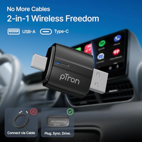 pTron CarSync X1 2-in-1 Wireless Carplay Receiver, Converts Wired Android Auto & CarPlay to Wireless, USB A & Type C, Only for Cars with OEM-Installed Wired Android Auto/CarPlay, Plug & Play (Black) - Image 2