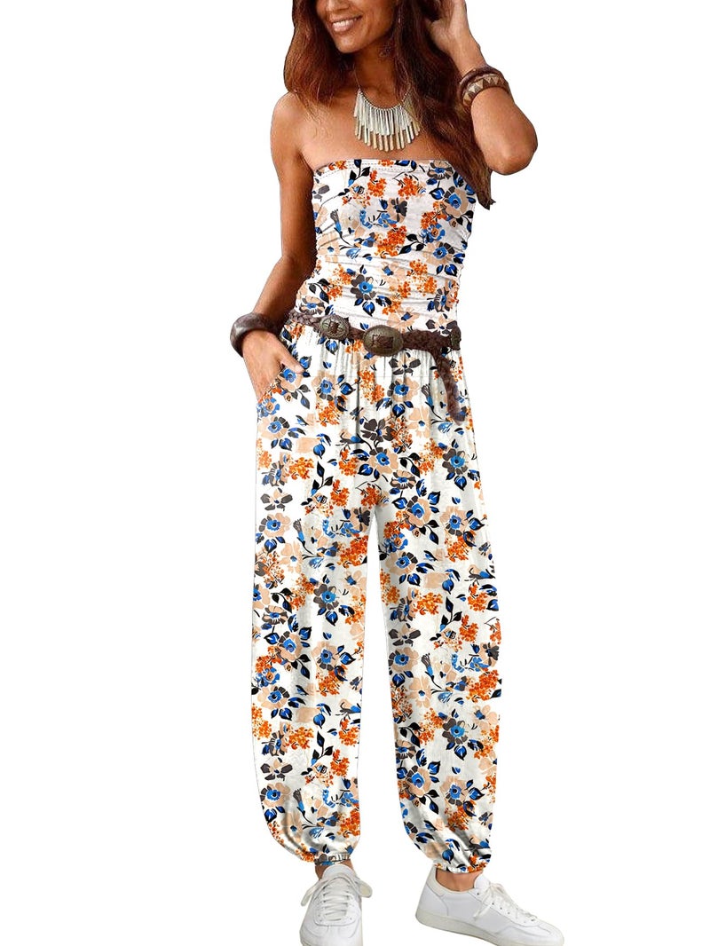 AUXDIO Womens Floral Jumpsuit Summer Casual Vacation Soft Stretchy Strapless One Piece Dressy Romper Printed 7 M - Image 3