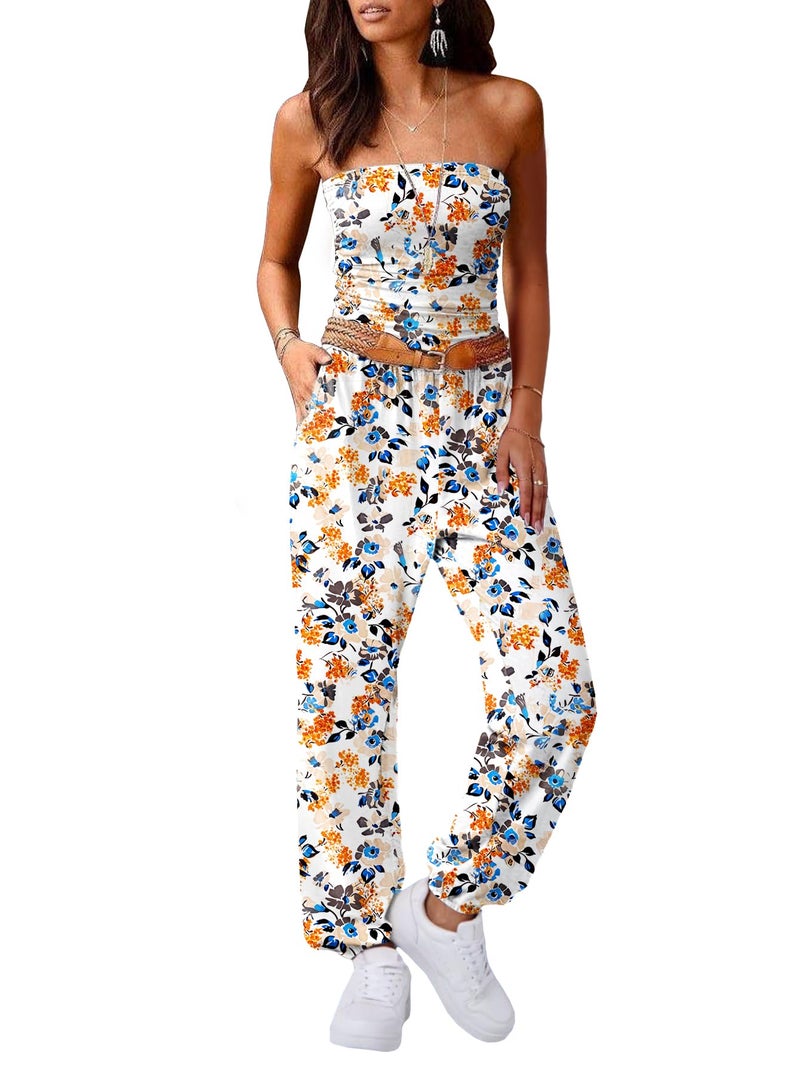 AUXDIO Womens Floral Jumpsuit Summer Casual Vacation Soft Stretchy Strapless One Piece Dressy Romper Printed 7 M - Image 4