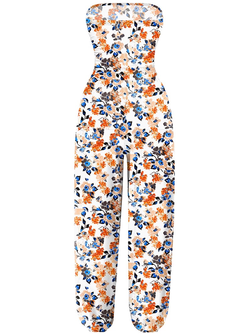 AUXDIO Womens Floral Jumpsuit Summer Casual Vacation Soft Stretchy Strapless One Piece Dressy Romper Printed 7 M - Image 2