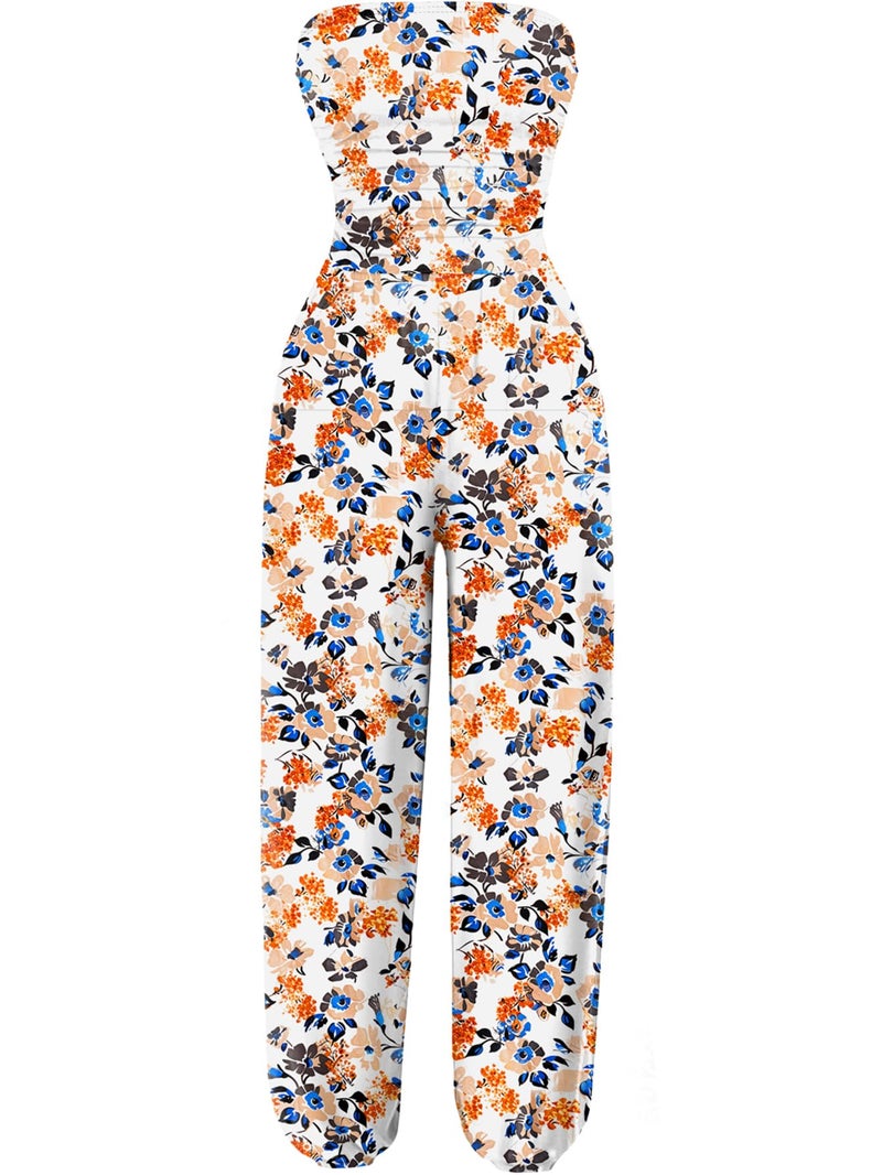 AUXDIO Womens Floral Jumpsuit Summer Casual Vacation Soft Stretchy Strapless One Piece Dressy Romper Printed 7 M - Image 1