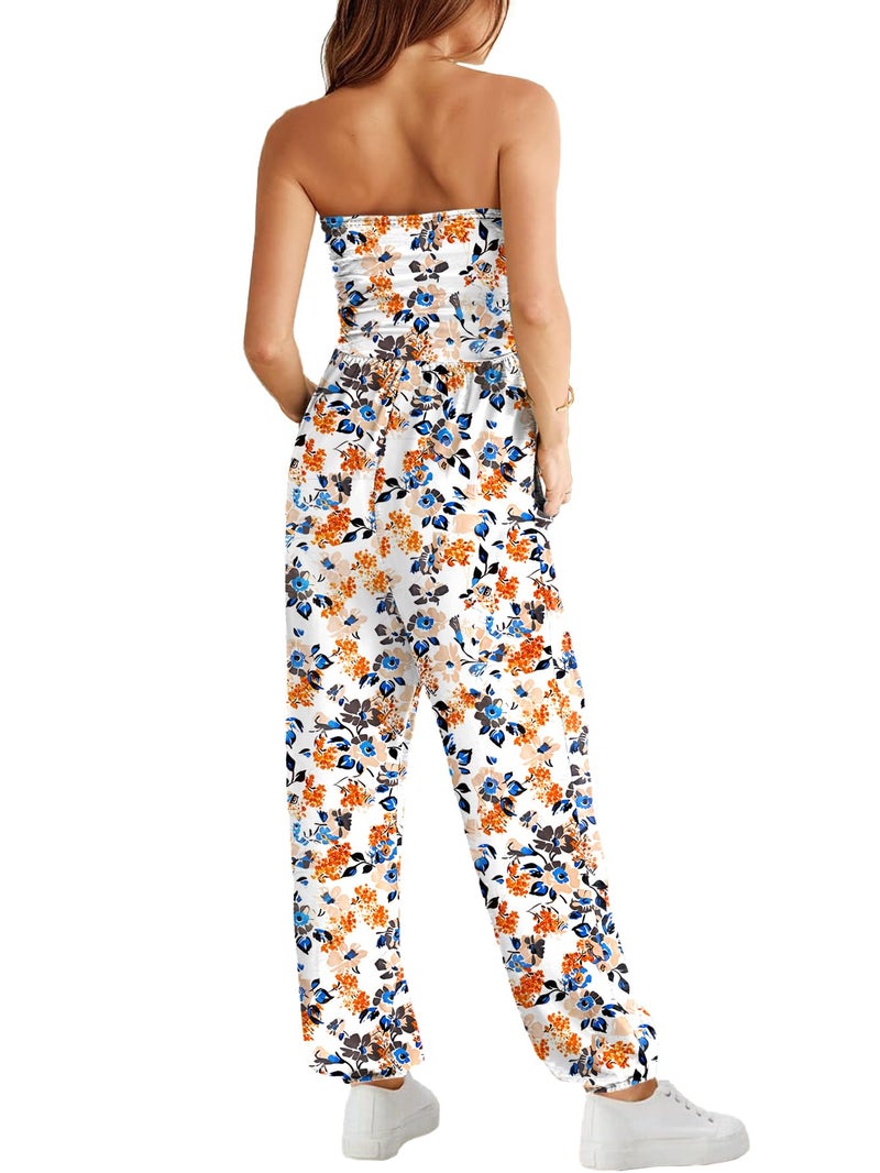 AUXDIO Womens Floral Jumpsuit Summer Casual Vacation Soft Stretchy Strapless One Piece Dressy Romper Printed 7 M - Image 5
