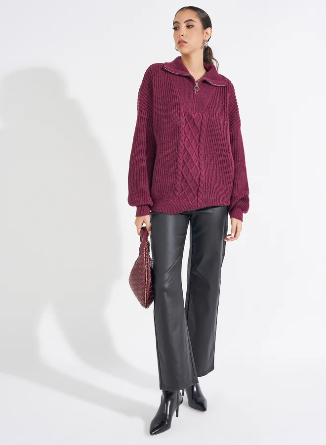 Styli Longline Cable Knit Sweater with Half Zip Detail