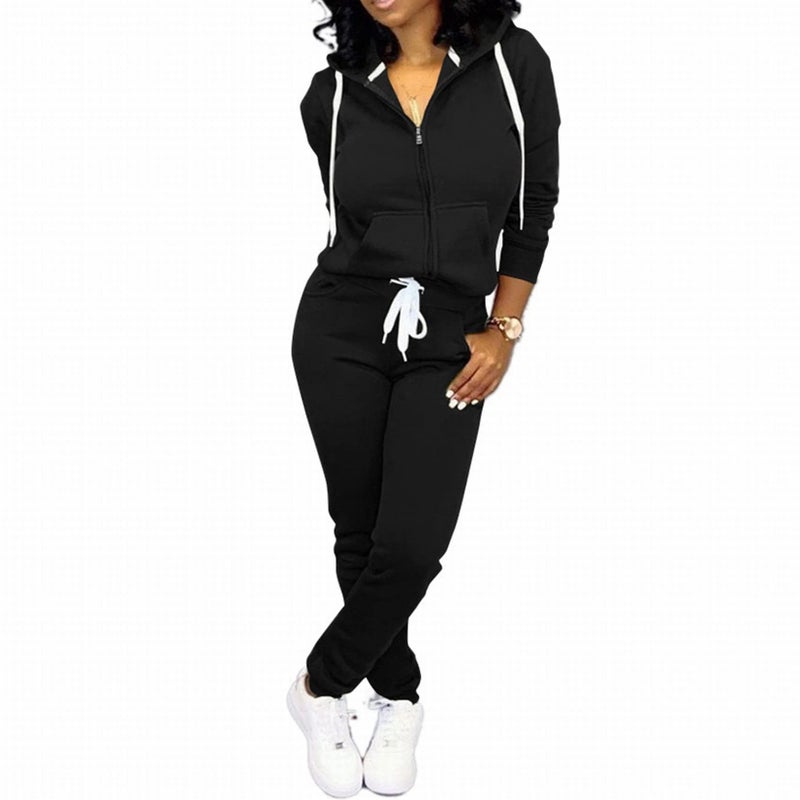 CLOCOR 2 Piece Outfits for Women - Casual 2 Piece Sweatsuit Pocket Tracksuit Long Sleeve with Patchwork Pants Set Black-1-L - Image 1