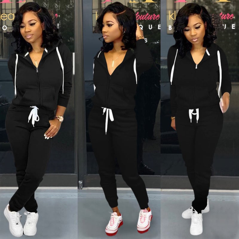 CLOCOR 2 Piece Outfits for Women - Casual 2 Piece Sweatsuit Pocket Tracksuit Long Sleeve with Patchwork Pants Set Black-1-L - Image 5