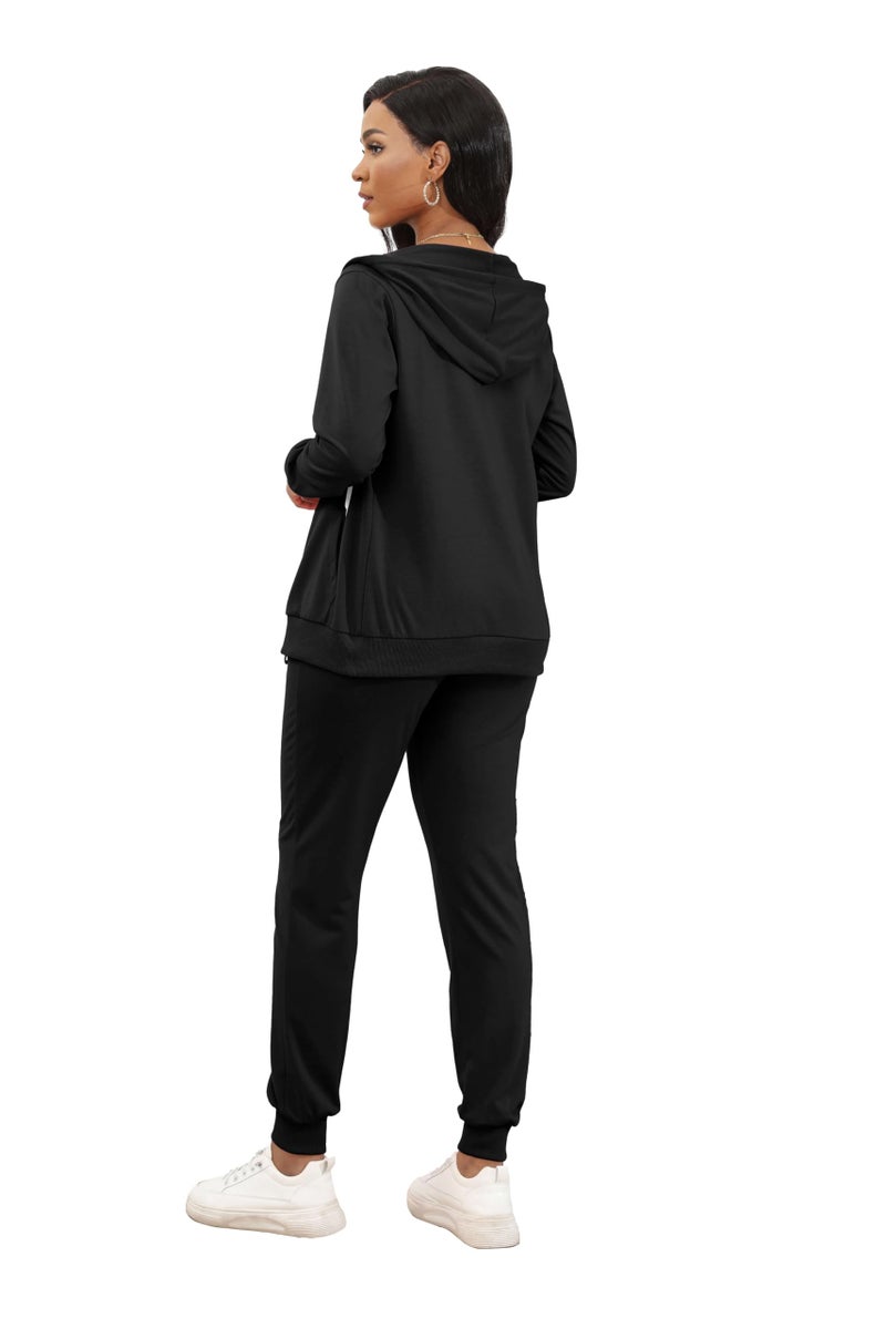CLOCOR 2 Piece Outfits for Women - Casual 2 Piece Sweatsuit Pocket Tracksuit Long Sleeve with Patchwork Pants Set Black-1-L - Image 4
