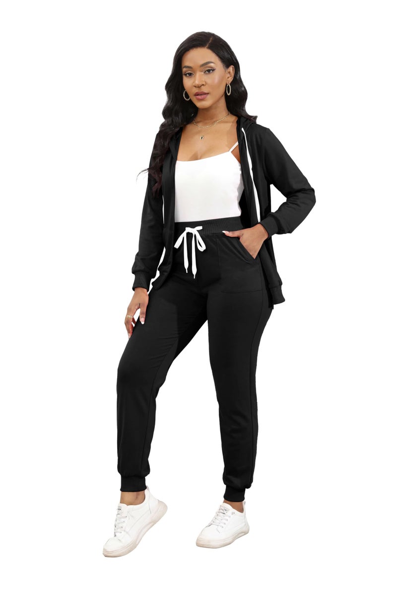 CLOCOR 2 Piece Outfits for Women - Casual 2 Piece Sweatsuit Pocket Tracksuit Long Sleeve with Patchwork Pants Set Black-1-L - Image 3