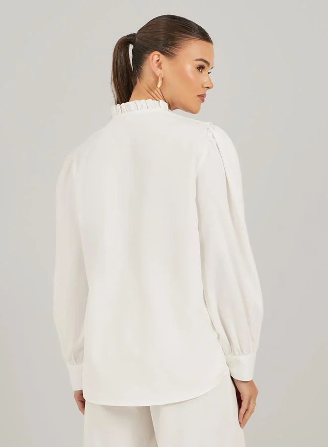 Styli Styli Floral Embroidered Balloon Sleeve Shirt with Ruffled Detail