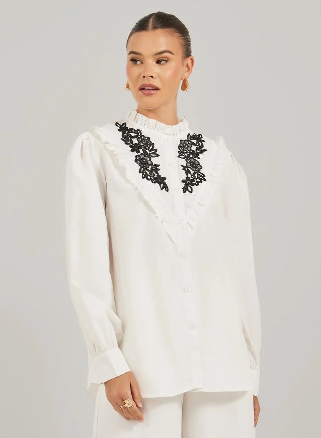 Styli Styli Floral Embroidered Balloon Sleeve Shirt with Ruffled Detail