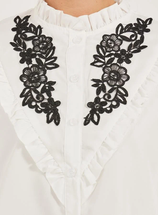 Styli Styli Floral Embroidered Balloon Sleeve Shirt with Ruffled Detail