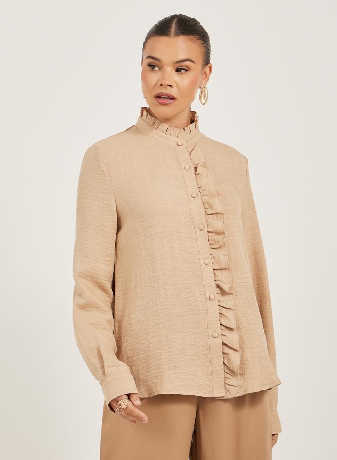 Styli Textured Ruffled Detail High Neck Blouse - Image 3