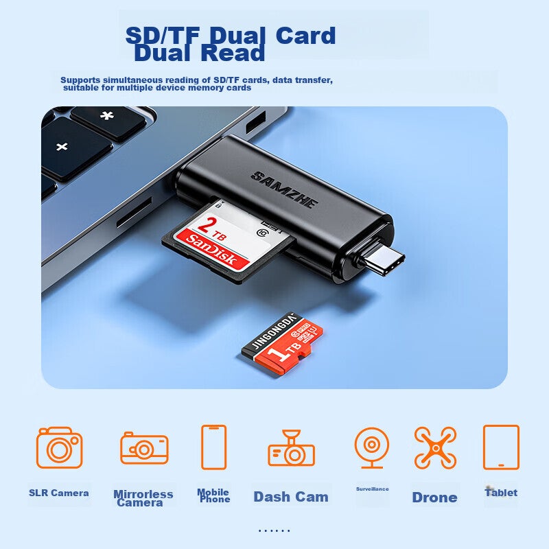 SAMZHE USB3.0/Type-C High-Speed Card Reader SD/TF Dual Card Reader Compatible with Computers, Tablets, Smartphones, DSLR Cameras, Action Cameras, DJI Pocket Drone CCD - Image 4