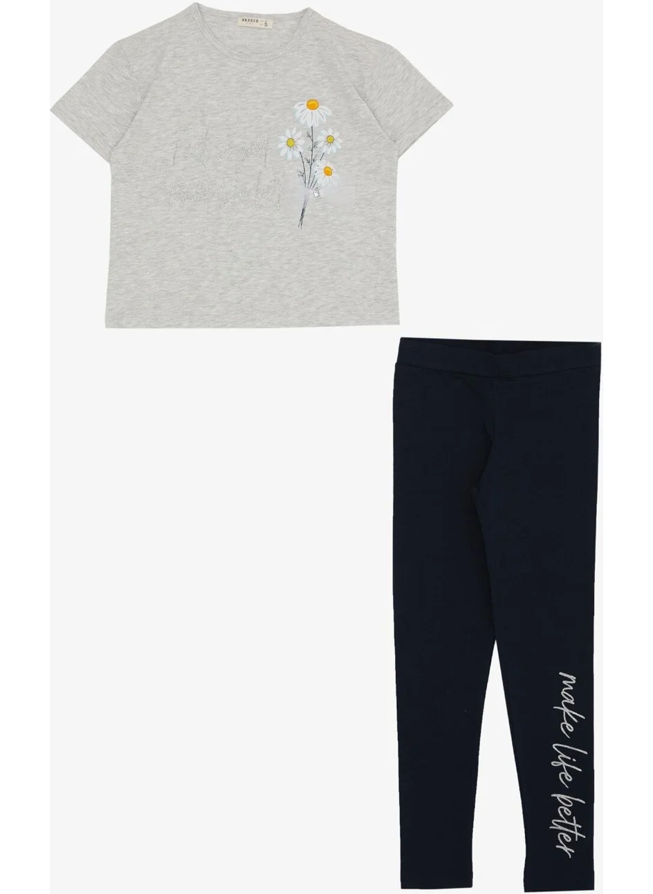 بريز Girl's Tights Set with Flower & Text Printed Bow, Age 5-10, Light Gray Melange