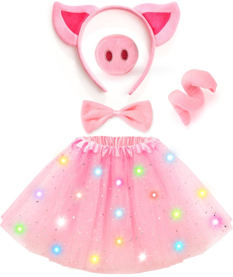 GC Kids Light Up Pig Costume Girls Pig Ears Headband Nose Tail Bow Tie Tutu Skirt Accessories Animal Costumes Halloween Cosplay Birthday Gifts - Image 2
